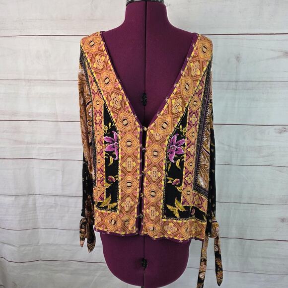 Free People Shirt Womens Large Multicolor Boho Paisley Floral Tie Sleeve V Back - Picture 1 of 16